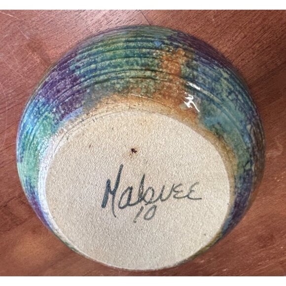 Handcrafted 2010 signed Malsnee Pottery Bowl Multicolor Glaze green purple orang - Picture 11 of 16